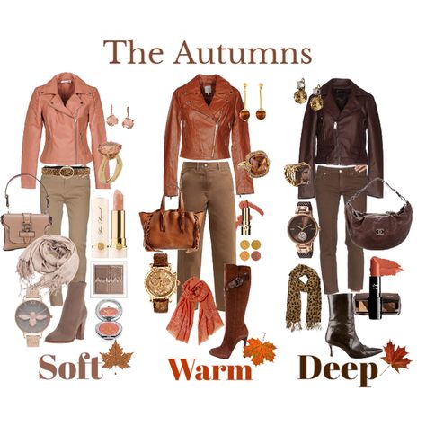 Fashion set The Autumns created via True Autumn Color Analysis, Deep Autumn Fashion, Dark Autumn Clothes, Dark Autumn Wardrobe, Warm Autumn Capsule Wardrobe, Deep Autumn Capsule Wardrobe, Dark Autumn Color Palette Outfit, Soft Autumn Clothes, Soft Autumn Capsule Wardrobe