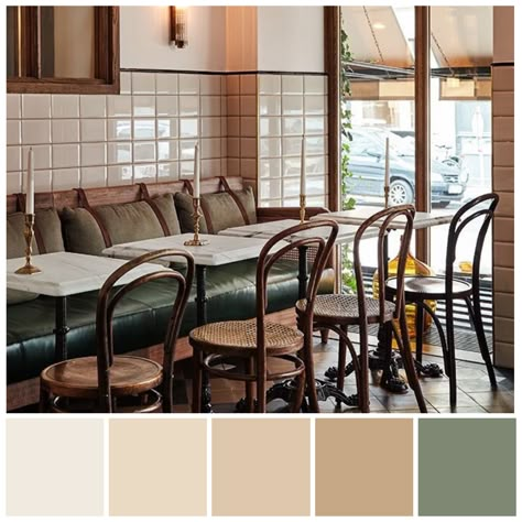 A touch of green enhances this café latte and chocolate brown colour scheme, a ‘Shadow’ palette variation.  Hues reduced with grey often have a calm, subdued feel, depending on contrast levels. Colour reduction occurs when the intensity or purity of a hue is reduced by adding white, another hue, black or grey. Image credit: Chroma reduction illustration by Zena O’Connor. Restaurant at Hotel Sanders, a hotel in Copenhagen by Alexander Kølpin, 2017, from Remodelista. Color Palette For Restaurant Interior Design, Cafe Colour Scheme, Restaurant Colour Scheme, Grey Restaurant Interior, Restaurant Colour Palette, Restaurant Color Scheme, Restaurant Color Palette, Hotel Sanders, Asian Restaurant Design