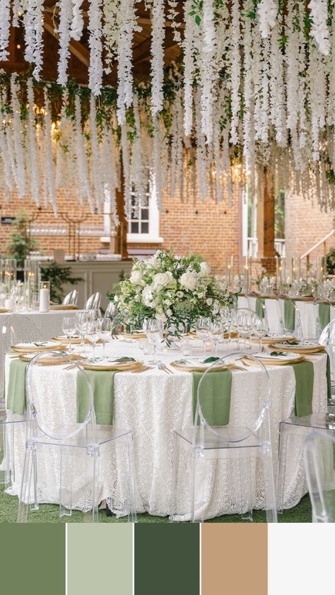 Jennifer and Peyton’s whimsical garden wedding reception décor included a sage green and champagne wedding color palette, outdoor elegant wedding reception details, and hanging flower chandeliers. Their Bridgerton inspired wedding décor was a dream to create and turned into a dream wedding reception. We offer luxury wedding planning in Nashville and worldwide. Nashville wedding, luxury wedding décor, fancy wedding, classy wedding, pastel wedding colors, whimsical wedding mood board White Gold Green Color Palettes, Sage Green Wedding Color Schemes, Green Champagne Wedding, Sage Green And Champagne Wedding, Elegant Wedding Color Schemes, Green And Champagne Wedding, Champagne Wedding Colors Scheme, Flower Chandeliers, Bridgerton Inspired Wedding