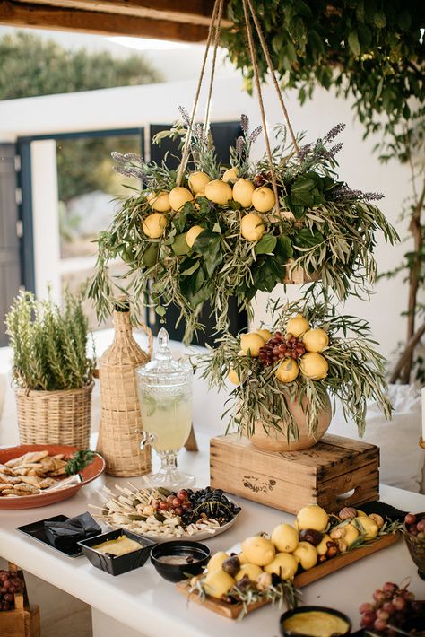 Bridal Shower Tuscan Theme, Italian Wedding Drinks, Rustic Italian Table Setting, Greek Event Decor, Italian Wedding Shower Ideas, Greek Themed Bridal Shower Ideas, Tuscan Bridal Shower Ideas, Italian Wedding Colors, Greek Wedding Food