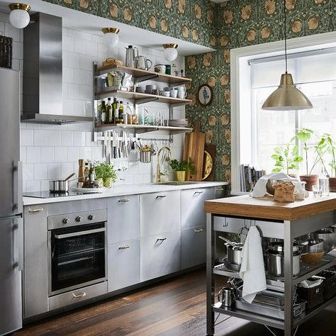 Caution: These 8 Stainless Steel Kitchen Cabinet Ideas Are Blindingly Beautiful | Hunker Dapur Skandinavia, Ikea Small Kitchen, Hiasan Dalaman Dapur, Dapur Ikea, Dapur Moden, Modern Konyhatervezés, Ikea Kitchen Storage, Stainless Steel Kitchen Island, Stainless Steel Kitchen Cabinets