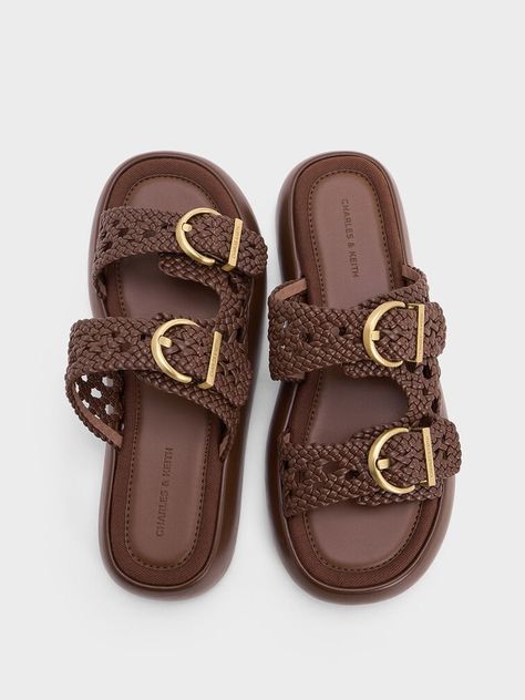 Woven Double-Strap Buckled Sandals Charles And Keith Shoes, Shoes For Me, Charles Keith, Buckle Sandals, Brown Sandals, Summer Season, Slide Sandals, Dark Brown, Heel Height