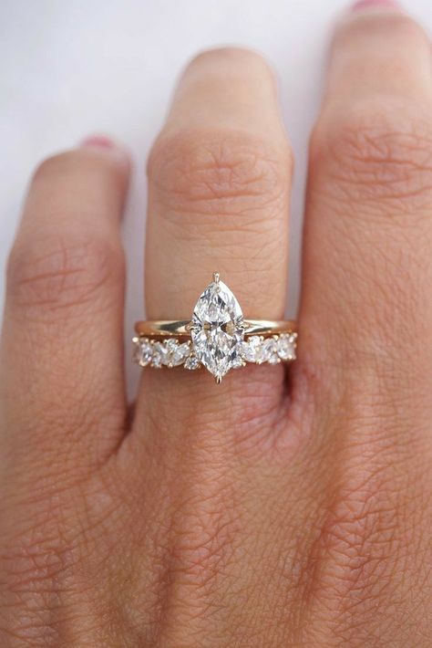 Open Wedding Band With Marquise Engagement Ring, Wedding Band For A Marquise, Marquis Engagement Ring With Wedding Band, Unique Engagement Ring Shapes, Small Marquise Diamond Ring, Marquise Diamond Ring Stack, Marquis Wedding Band Set, Multi Shape Diamond Band, Marquise Diamond Band