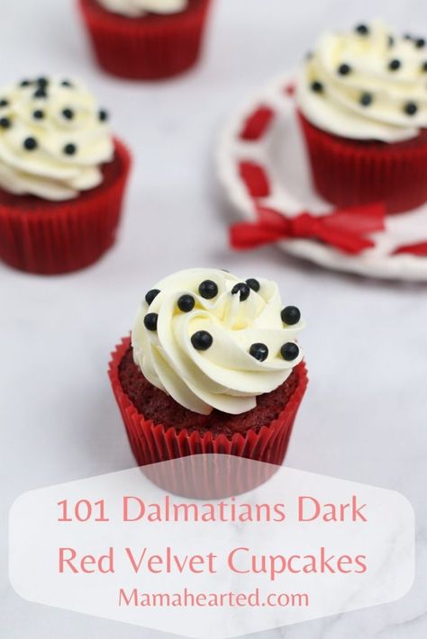 Dalmation Themed Food, Cruella Party, Dalmatian Cake, 101 Dalmations Party, Dalmatian Party, Disney Baking, Chocolate Greek Yogurt, Disney Cupcakes, Dark Red Velvet