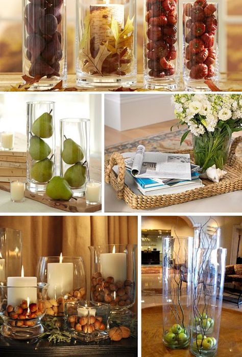 Ways-to-Decorate-And-Style-Clear-Glass-Vases--I like the sticks with the apples, thinking of pine cones and white sticks for winter. Staging House, Vase Filler Ideas, Fireplace Styling, Glass Vase Decor, Staging Ideas, Tafel Decor, Clear Vase, Hal Decor, Jar Ideas