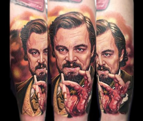 Calvin Candie portrait tats from Django Unchained by Paul Acker Django Tattoo, Fiction Tattoo, Pulp Fiction Tattoo, Extreme Tattoos, Tattoos Portraits, Tattoo God, Tattoo Realism, Eye Tattoos, Horror Tattoos