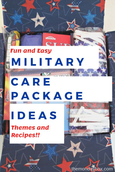 Find inspiration with this guide for creating dozens of themed Military Care Packages including recipes for home baked treats! |themondaybox.com #carepackages #militarycarepackages #delployedmilitarycarepackages Easy Themes, Army Boxes Care Packages, Care Package Themes, Navy Care Package, Army Care Package, Military Care Package Ideas Valentines Day, Easter Care Package, Soldier Care Packages, Care Package Decorating