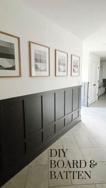 Black Board And Batten Living Room, Half Wall Hallway Ideas, Simple Wood Paneling, Accent Walls Half Wall, Half Wall Papering Ideas Living Room, Feature Wall Hallway Entrance, Bottom Half Of Wall Ideas, Half Charcoal Half White Wall, Black Bottom White Top Walls