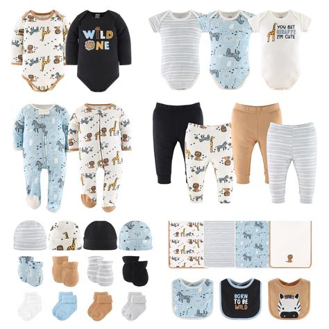 Embark on a new adventure with the Safari Explorer 30-piece layette set by The Peanutshell. Go wild dressing your little adventurer in these fun looks from head to toe. Includes 2 long sleeved bodysuits, 3 short sleeved bodysuits, 4 pairs of pants, 4 headbands, 4 pairs of scratch mittens, 4 pairs of socks, 4 burp cloths, 2 footed zip-up sleepers, and 3 terry feeding or drool bibs, this set offers a wide variety of options to create stylish ensembles for baby. Each piece is thoughtfully crafted with soft and gentle fabrics, ensuring utmost comfort for baby's delicate skin. The light blue, soft black, tan and gray assortment adds a touch of wild charm to baby's wardrobe. Embrace his inner explorer with fun prints featuring majestic lions, playful giraffes, and mischievous monkeys. Mix and ma Safari Explorer, Newborn Layette, Baby Layette, Layette Set, Newborn Essentials, Safari Baby, New Adventure, Go Wild, Blue Soft