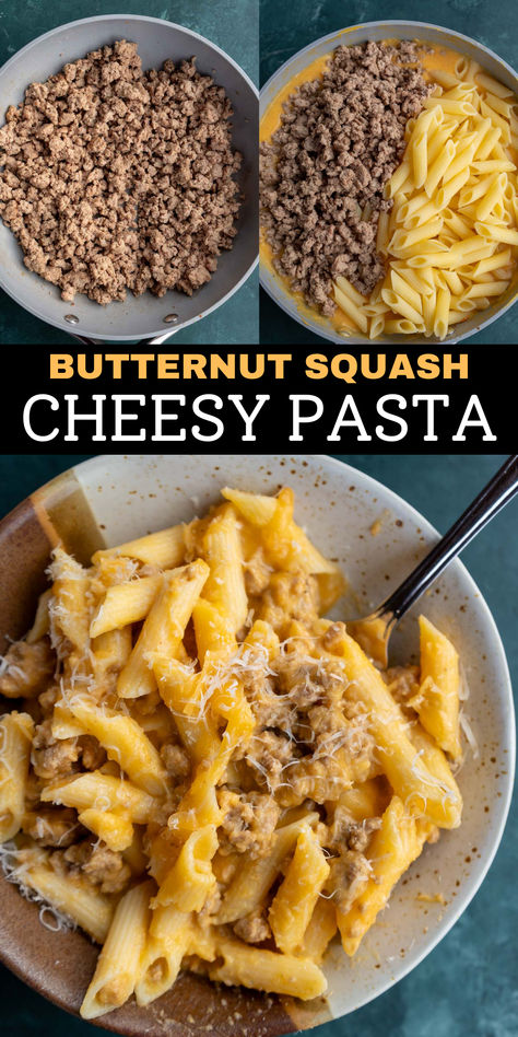 This Creamy Butternut Squash Pasta features juicy meat, tender penne, and a thick, cheesy sauce for the perfect comfort food! This pasta recipe is an easy weeknight meal everyone will love. Cheesy Butternut Squash Pasta, Butternut Squash Beef Recipes, Butternut Squash Alfredo Pasta, Dinners With Butternut Squash, Butternut Squash Spaghetti Sauce, Farmers Market Dinner Ideas, Ground Beef Butternut Squash Recipes, Best Butternut Squash Pasta, Butternut Squash Sauce Pasta