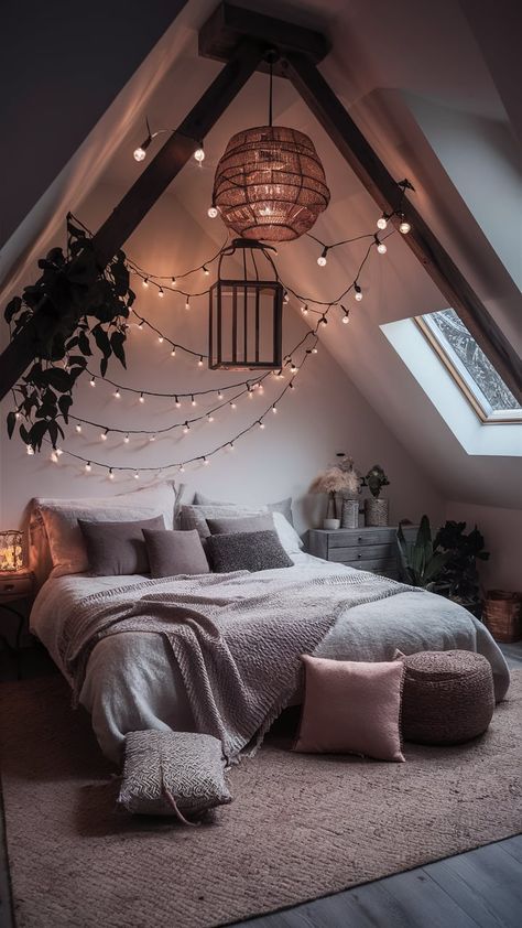 A dreamy boho bedroom illuminated by string lights, lanterns, and soft, ambient lighting for a magical atmosphere String Light Bedroom Ideas, String Lights Bedroom Ceiling, Velaris Bedroom, Cozy Room Lighting, Slanted Ceiling Bedroom, Whimsical Lighting, Projector In Bedroom, Bedroom Aesthetic Cozy, String Lights In The Bedroom