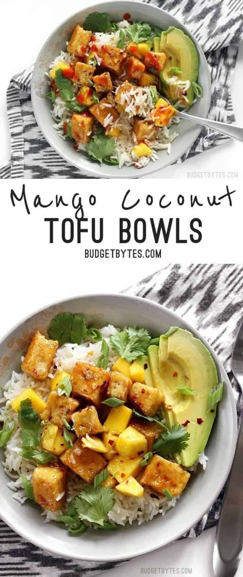 Feb 17, 2019 - Mango Coconut Tofu Bowls with savory coconut rice, honey-lime glaze, avocado, sweet mango, and spicy red pepper are a delicious vegetarian meal. Cupcakes Photography, Coconut Tofu, Coconut Meringue, Tofu Bowls, Lime Glaze, Cookies Stuffed, Summer Flavors, Paleo Banana, Banana Cupcakes