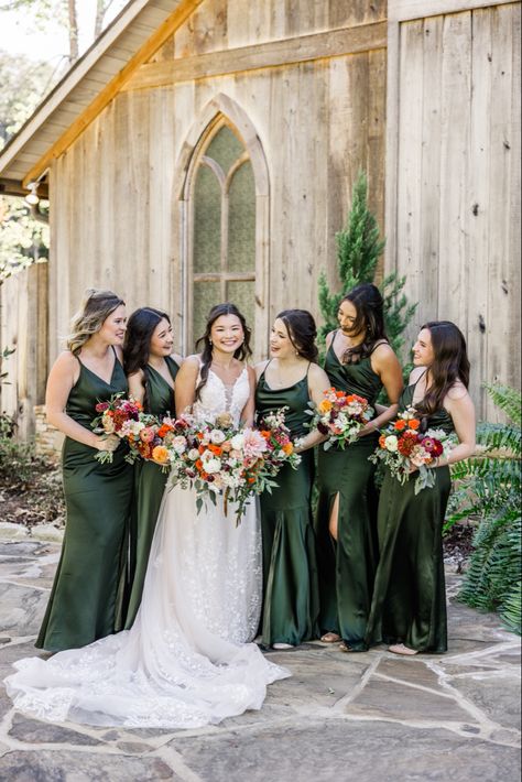 Autumn Wedding Green Bridesmaid Dresses, Flowers With Emerald Green Bridesmaid Dress, Spring Wedding Colors Olive Green, Autumn Velvet Bridesmaid Dresses, Burnt Orange And Dark Green Bridesmaid Dresses, Autumn Green Bridesmaid Dresses, Green Forest Bridesmaid Dress, Dark Green Satin Bridesmaid Dress, Olive Green And Terracotta Bridesmaid