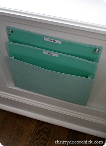 A wall file holder...works perfectly in my : http://thriftydecorchick.blogspot.com/2013/01/within-reach-organizing-paper.html Organization Tips For Bedroom, Wall File Holder, Desk Organisation, Wall File, Thrifty Diy, Thrifty Decor Chick, Organization Station, Thrifty Decor, File Holder