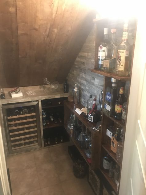 Hidden Bar Under Stairs, Small Wine Cellar Under Stairs, Liquor Closet Under Stairs, Under Stairs Speakeasy, Bourbon Closet Ideas, Whiskey Closet, Bourbon Closet, Under The Stairs Bar, Liquor Closet