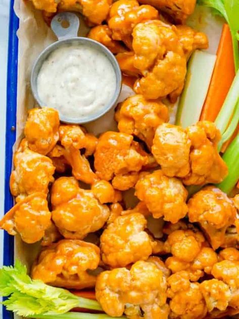 Baked Buffalo Cauliflower Wings (vegan/gf option) - The Natural Nurturer Cauliflower Wings Baked, Healthy Vegetable Sides, Vegetable Side Dish Recipes, Buffalo Cauliflower Wings, Baked Buffalo Cauliflower, Cauliflower Buffalo Wings, Butter Carrots, Lemon Zucchini, Vegetable Side Dish