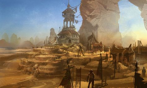 Blade & Soul / Desert Village Desert Village, Hyung Tae Kim, Desert Environment, Fantasy City, Fantasy Setting, Fantasy Places, Landscape Scenery, 판타지 아트, Environment Design