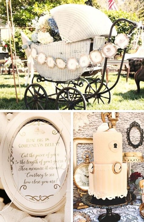 Vintage Themed Baby Shower Decorations and Party Favors Vintage Theme Baby Shower Ideas, Vintage Baby Shower Decorations, Victorian Baby Shower, Vintage Baby Girl Nursery, Victorian Baby, Girl Shower Themes, Baby Shower Gender Neutral, Shower Vintage, Vintage Pram