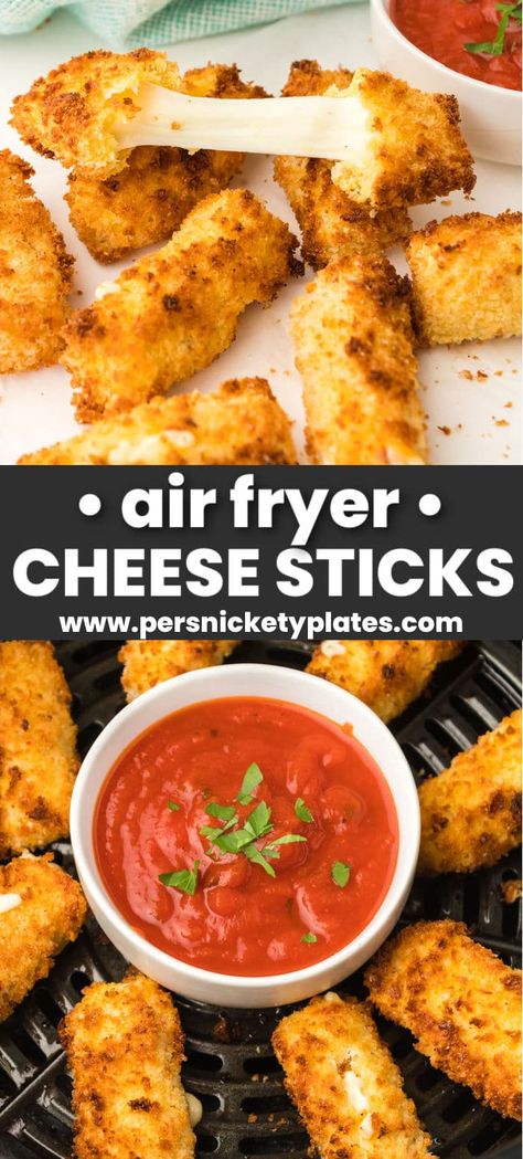 Easy air fryer mozzarella sticks are a cheesy, gooey appetizer or snack made with just six everyday ingredients. A homemade cheese stick that is breaded and air fried to crispy, crunchy perfection and filled with melty cheese. Perfect for dipping in marinara or ranch. Air Fryer Cheese Bites, Air Fried Cheese, Motzerella Sticks Recipe Air Fryer, Air Fryer Cheese Balls, Airfryer Cheese Sticks, Air Fryer Cheese Sticks, Air Fried Cheese Sticks, Cheese Sticks Air Fryer, Air Fryer Mozzarella Balls