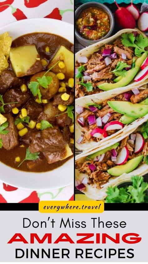 Delicious beef stew and tacos with avocado, garnished with herbs. Mexican Dinner Recipes For Family, Easy Mexican Dinner Recipes, Easy Mexican Dinner, Mexican Beef Stew, Mexican Grilled Chicken, Mexican Dinner Party, Dinner Recipes With Chicken, Mexican Stuffed Peppers, Chicken And Beef