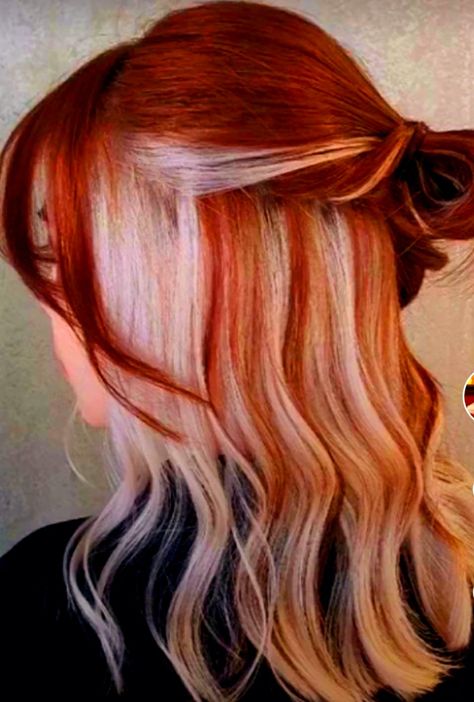 Red Orange Hair Color Ideas, Ginger Hair With White Underneath, Red Roots And Blonde Hair, Red Narcissa Malfoy Hair, Red Orange And Blonde Hair, Orange And Blonde Hair Split, Ginger Hair With Underneath Color, Peekaboo Highlights Red Hair, Copper Hair Underneath Brown