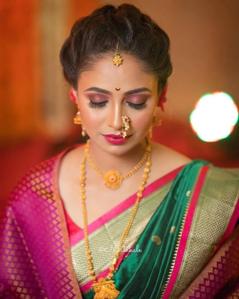 Engagement Looks, Makeover Studio, Engagement Saree, Marathi Bride, Engagement Look, Indian Wedding Makeup, Saree Hairstyles, Bridal Eye Makeup, Bridal Makeover