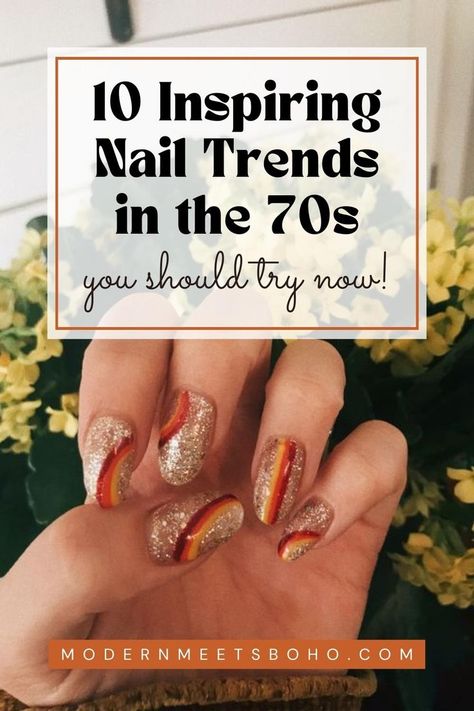 Explore some inspiring nail trends in the 70s and transport your style to the iconic era. The 1970s were a playground for creativity, with bold and daring beauty choices. Embrace these 10 inspiring 70s nail trends and retro nail ideas & celebrate the disco-charged days! 70s French Manicure, Nails In The 70s, 1970 Nails Design, Sns Nail Ideas Fall, 70s Nails Retro Fall, Retro Design Nails, Disco Nail Ideas, 70s Disco Nail Designs, Fall Retro Nails