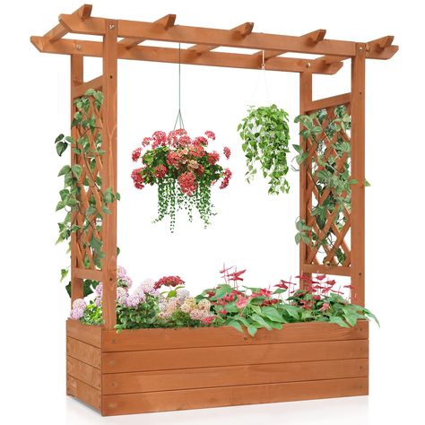 PRICES MAY VARY. 【Garden Bed with Arch Trellis】 The raised garden beds outdoor is designed with a large planter box for cultivating cucumbers, flowers, veggies, etc. Moreover, there exists a hanging roof and 2 side trellises for climbing plants. You can also hang some lights and decorations on it. 【Sturdy Design】 The wood planter with trellis is crafted with 100% natural fir wood and coated with waterproof painting, which is characterized by high strength and weather resistance. You can put some Wood Hanging Planter, Planter Box Vegetable Garden, Potted Flower Ideas, Wall Herb Garden Outdoor, Raised Garden Bed With Trellis, Garden Bed With Trellis, Large Raised Garden Beds, Beautiful Raised Garden Beds, Hanging Planter Boxes