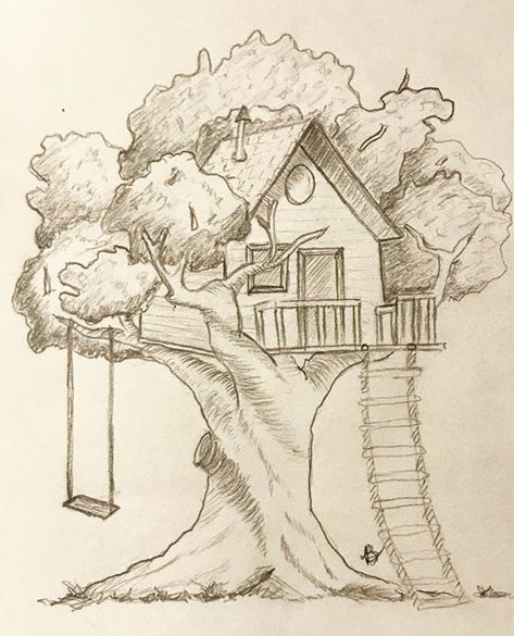 Tree House Sketch Drawings, Places To Sketch, Houses Sketches Drawing, Medium Difficulty Drawings, Treehouse Drawing Easy, How To Draw A Tree House, Enchanted Forest Sketch, Art Drawings Sketches Simple Nature, Treehouse Drawing Simple