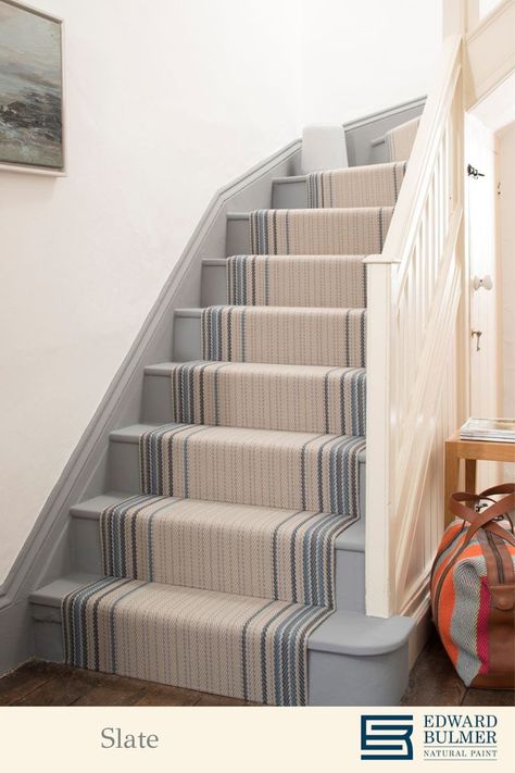 Halls and hallways are often the first spaces you enter in a home but can be an after thought. Hall spaces most commonly lead to the main rooms and staircases, so it is a key transitional space in the home. and so its important to create a scheme that helps the flow in between the interior. Slate is a shade which compliments zazzy, metropolitan life on the one hand and the warm hue of greys in nature, on the other. Ours is the colour of wet slate, just as it is beginning to dry out. Modern Stair Runner, Stair Runner Ideas, Roger Oates, Painted Staircase, Edward Bulmer, Carpet Staircase, Hall And Stairs, Natural Paint, Stairs Landing