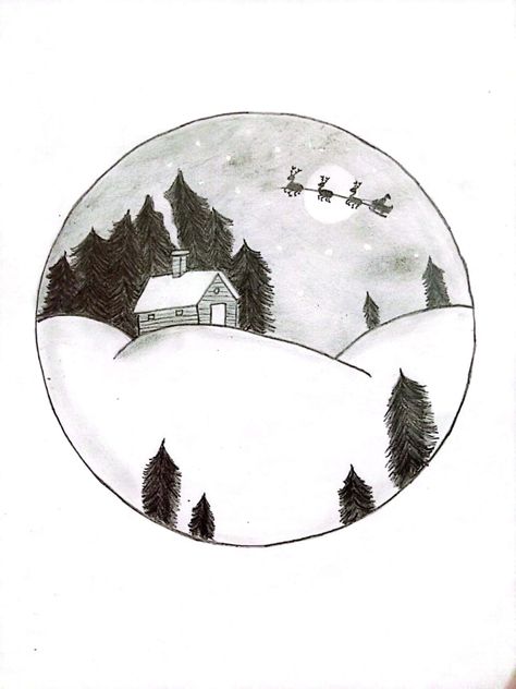 Show the night view with the night moon and twinkly stars and snowy ground. I sketch this christmas scenery in the circle Some draw curve lines to show the snowy ground.draw the cosy warm house.Draw the trees in different places. Also I draw the moon and stars. Then I drew Santa and his reindeer, showing the fly in the sky. I shade dark in the sky because it looks like night. Light shade in the snowy ground with outlines.then i refine the christmas scenery,look beautiful and awesome. Snowy Drawing, Draw The Moon, Fly In The Sky, Christmas Sketch, How To Draw Santa, The Moon And Stars, Christmas Landscape, Santa And His Reindeer, Christmas Scenery