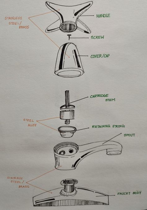 Exploded View Of Objects, Exploded View Product, Tap Sketch, Exploded View Sketch, Object Drawings, Design Assignments, Cat Questions, Shapes Drawing, Product Sketches