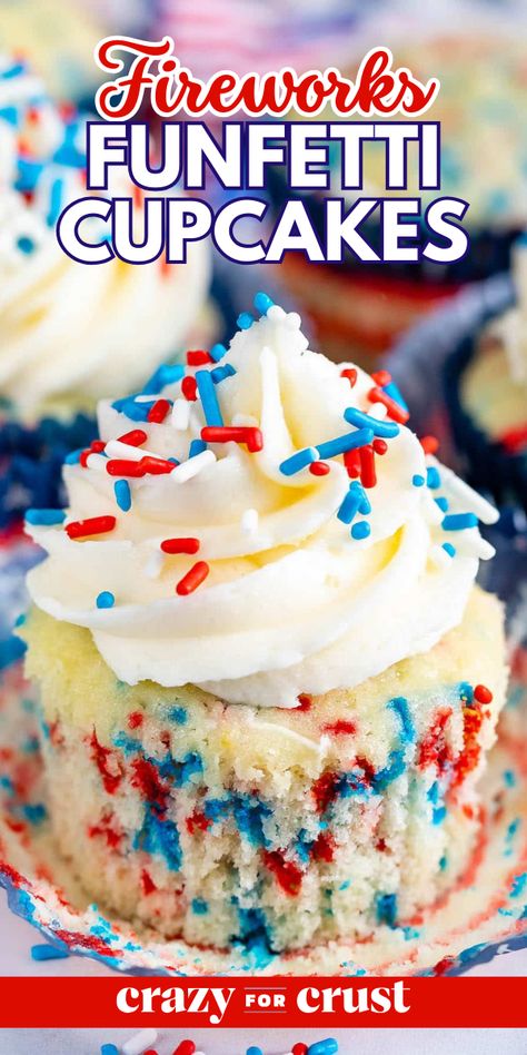 Looking for 4th of July cupcake ideas? Fireworks Funfetti Cupcakes! This easy 4th of July recipe features homemade yellow cupcakes. Topped with vanilla buttercream frosting and patriotic sprinkles, this 4th of July dessert is just what you need for your celebration! Patriotic Treats, Blue Sprinkles, Funfetti Cupcakes, Dessert Treats, July Desserts, Crazy For Crust, Baking Treats, July Recipes, Random Recipes