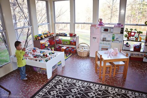 Everything Beautiful: The One and Only Playroom~ Sun Porch Playroom, Screen Porch Playroom, Screened In Porch Playroom, Playroom Conservatory, Sunroom Playroom Ideas, Ideas For Sunroom, Childminding Room, Porch Playroom, Playroom Sunroom