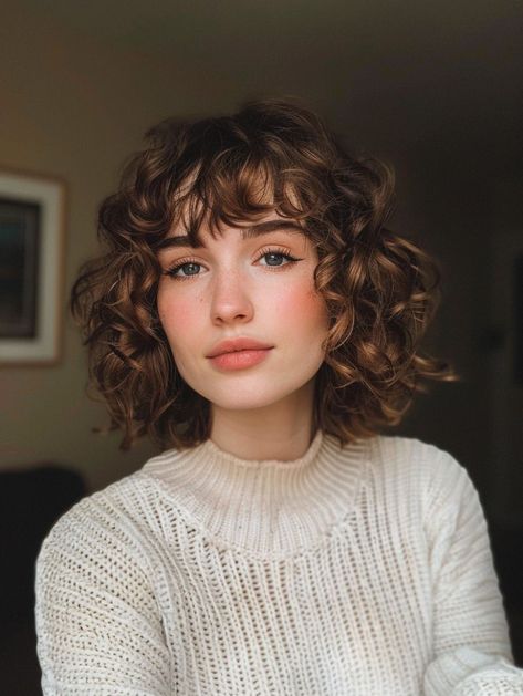 33 Quick Curly Bob Hairstyles for Ladies in 2024 from Messy Curls to Braids Excellent for Any Event- #bob #braids #Curls #Curly #Hairstyles #Messy #Occasion #Perfect #short #Women Check more at https://howcandothis.com/hairstyleideas/33-quick-curly-bob-hairstyles-for-ladies-in-2024-from-messy-curls-to-braids-excellent-for-any-event/ Bangs Haircut Curly Hair, Short Permed Hairstyles With Bangs, Short Hair Bangs Curly, Bangs For Short Curly Hair, Short Curly Hair With Bangs And Layers, Short Natural Curly Hair With Bangs, Short Curly Haircut With Bangs, Curly Italian Bob, Curly Bob Round Face