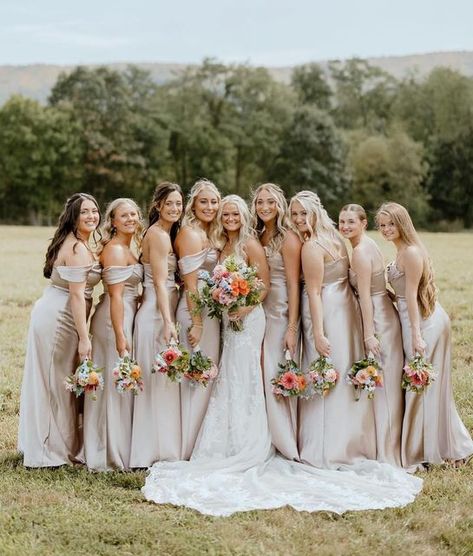 BIRDY GREY 🐥 on Instagram: "🥂🥂 Featuring our satin #MiaDress in Neutral Champagne 🍾 • 📸: @emilyjacksonphoto @jordanpatricia1 #birdyinthewild #BIRDYGREY" Champagne Bridesmaid Dresses Colourful Flowers, Champagne Bridesmaid Dresses With Bright Florals, Champagne Bridesmaid Dresses With Bright Flowers, Neutral Bridesmaid Dresses Colorful Flowers, Champagne Bridesmaid Dresses With Colorful Flowers, Shades Of Champagne Bridesmaid Dresses, Birdy Grey Neutral Champagne, Tan Bridesmaids Dresses, Neutral Champagne Bridesmaid Dresses