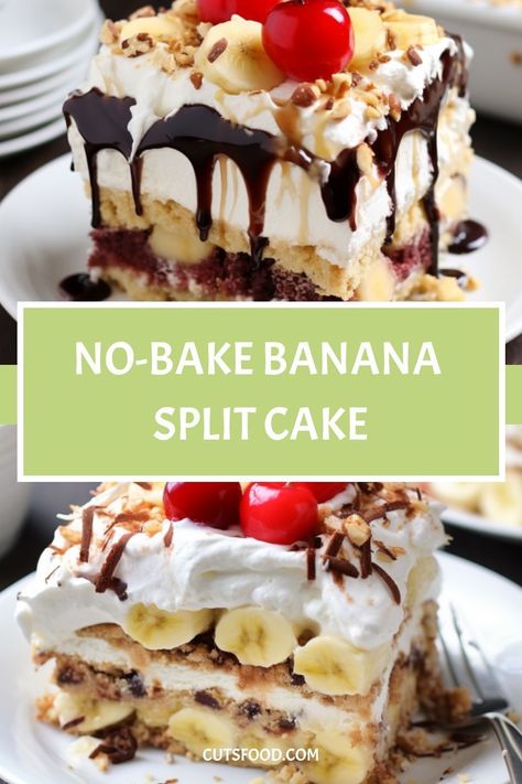 No-Bake Banana Split Cake Banana Split Cake Recipe, Bake Banana, Banana Split Cake, Split Cake, Banana Split Dessert, Dessert Bar Recipe, Cracker Crust, Easy No Bake Desserts, Baked Banana