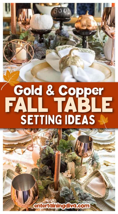 Copper Decoration Ideas, Copper Thanksgiving Tablescape, Gold Flatware Table Setting, Copper Fall Decor, Copper Tablescape, Fall Dinner Parties, Table Setting Fall, Gold Table Centerpieces, Autumn Table Setting