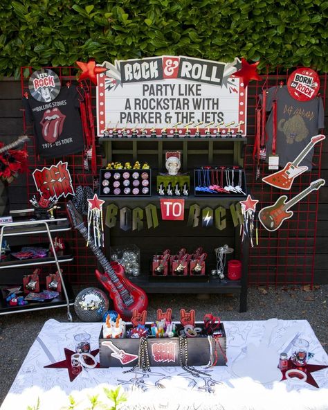 Rock 'n' Roll Birthday Party for Tweens - Fern and Maple Rock N Roll Hall Of Fame Party Ideas, Rock N Roll Photo Backdrop, Rock And Roll Candy Table, Rock And Roll Party Snacks, Rock Roll Decor Party, Rock And Roll Pool Party, Rock And Roll Balloon Garland, Rock And Roll Dessert Table, Rock N Roll Themed Food