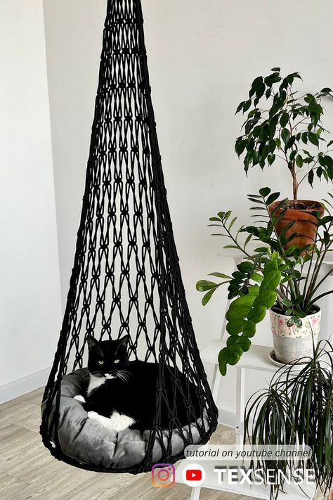 Macrame Patterns Cat Hammock, Macrame Hanging Cat Bed Free Pattern, Macrame For Cats Diy, Free Macrame Cat Hammock Patterns, Cat Bed Macrame Tutorial, Macrame For Cats, Crochet Hanging Cat Bed Free Pattern, How To Make A Cat Hammock, Macrame Cat Bed Tutorial