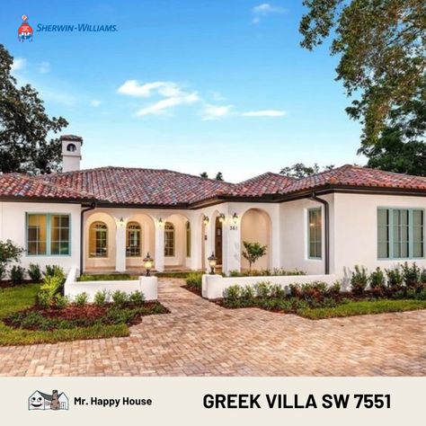 Greek Villa SW 7551 on exterior stucco home on the stucco with lighting and great front landscaping and yard with gutters Mediterranean Exterior Paint Colors, Greek Villa Exterior, Greek Villa Paint Color, Greek Villa Paint, Sherwin Williams Greek Villa, Sherwin Williams Exterior House Colors, Spanish House Exterior, White Stucco House, Greek Villa Sherwin Williams