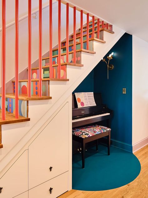 Bauhaus-Inspired Vinyl Made This Colorful Home's Stairwell the Happiest Place Living Colors, Under The Stairs, Stair Case, Austin Homes, Up House, My New Room, House Inspiration, Future House, House Colors