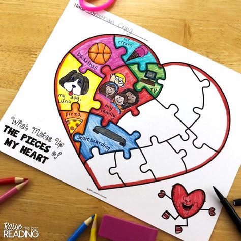 Raise The Bar Reading on Instagram: “❤️🧡💛What Makes Up the Pieces of My Heart ♥️💙💜Such a fun, no prep Valentine’s activity for students to share what they love and let their…” Valentines Craft For Elementary Students, Elementary School Valentine Crafts, Heart Crafts For Kindergarten, Valentines Crafts For Students, What Makes Up The Pieces Of My Heart Activity, Health Activities For Elementary School, Grade 2 Valentines Day Art, Valentine’s Day Counseling Activities, Valentines Day Crafts For Elementary