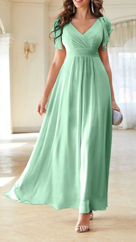 I saw this gorgeous Solid Ruffle Trim Chiffon Bridesmaid Long Dress and I can't get it outta my head! The ruffles are just so cute and floaty, perfect for a wedding or any special occasion. It seems super comfy too, so I can imagine dancing the night away without a problem.    What do you guys think? Would you wear this dress to a wedding? Let me know in the comments! 💖✨    #BridesmaidDresses #WeddingOutfit #ChiffonLove #FashionFinds #RuffleStyle Patterned Bridesmaid Dresses, Mint Green Bridesmaid Dresses, Bar Dress, Butterfly Sleeve Dress, Dress Sleeve Length, Guess Dress, Custom Wedding Dress, Short Bridesmaid Dresses, Chiffon Prom Dress