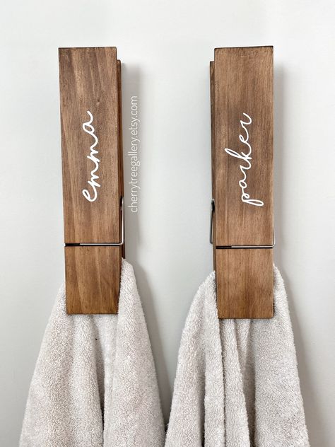 Jumbo Clothespin Bathroom Towel Holder, One 12” large clothespin, laundry room decor, farmhouse bathroom decor, personalized towel hooks Bathroom Towel Hanging Ideas, Towel Hanging Ideas, Weathered Oak Stain, Gallery Decor, Bathroom Towel Holder, Displaying Kids Artwork, Clothes Pin Wreath, Towel Holder Bathroom, Laundry Decor