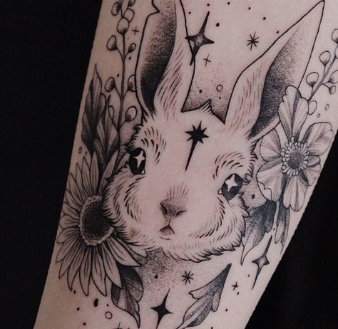 Sketch Like Tattoos, 321 Tattoo, Goth Rabbit Tattoo, Unique Womens Tattoos, Cute Dark Tattoos, Rabbit Head Tattoo, Creature Tattoo Ideas, Cat Tattoo Hand, Ghoul Tattoo Ideas