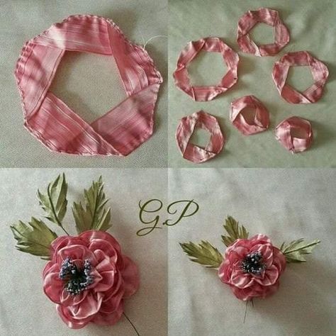 Satin Ribbon Embroidery, Silk Ribbon Embroidery Tutorial, Sulaman Pita, Ribbon Flowers Diy, Silk Ribbon Embroidery Patterns, Ribbon Embroidery Kit, Ribbon Flower Tutorial, Making Fabric Flowers, Ribbon Embroidery Tutorial