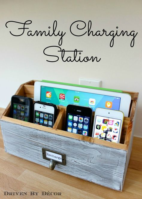 Family Charging Station - keeps chargers all in one place for easy charging without all of the cord clutter!! Family Charging Station, Wooden Charging Station, Phone Charging Stations, Driven By Decor, Organization Station, Interior Vintage, Charging Stations, Household Organization, Home Office Organization