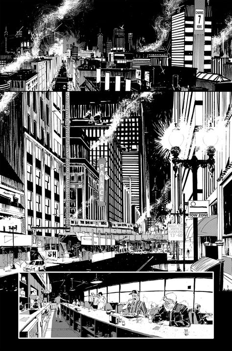 Hayden Sherman on Behance Comic Buildings Background, City In Black And White, Ink City Drawing, Comic Style Art Black And White, Comic Book City Background, Noir City Art, Comic Background Art, Comic City Background, Comic Style Art Illustration