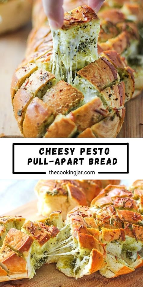 There’s plenty of cheese action in this cheesy pesto pull-apart bread. Feed a crowd with this easy 4 ingredient appetizer. Cheesy Pesto Pull Apart Bread, Cheesy Bread Appetizer, Basil Pesto Bread, Pull Apart Bread Appetizer, Cheesy Pesto Bread, Pull Apart Cheese Bread, Cheese Pull Apart, Cheesy Pull Apart Bread, Thanksgiving Bread